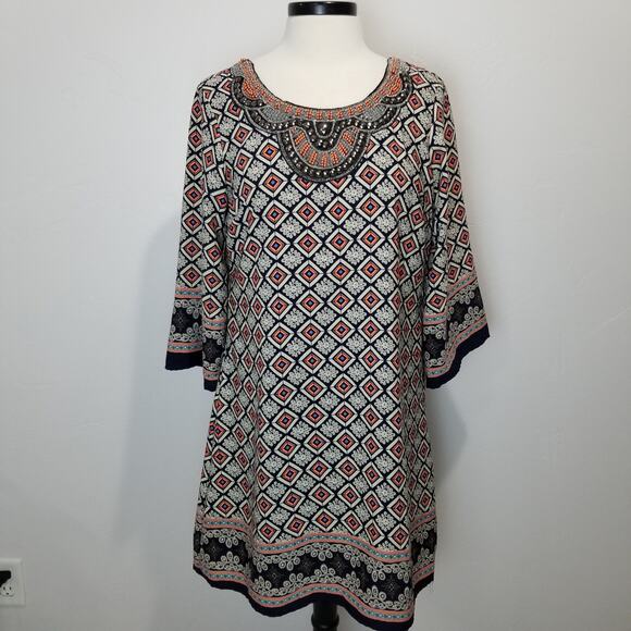Harper Dress Size Large Shift Beaded Boho 3/4 Sleeve Geometric Batik Pattern - Picture 12 of 13